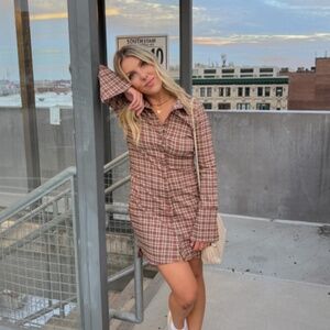 H&M Twill Shirt Dress in Brown Plaid NWT